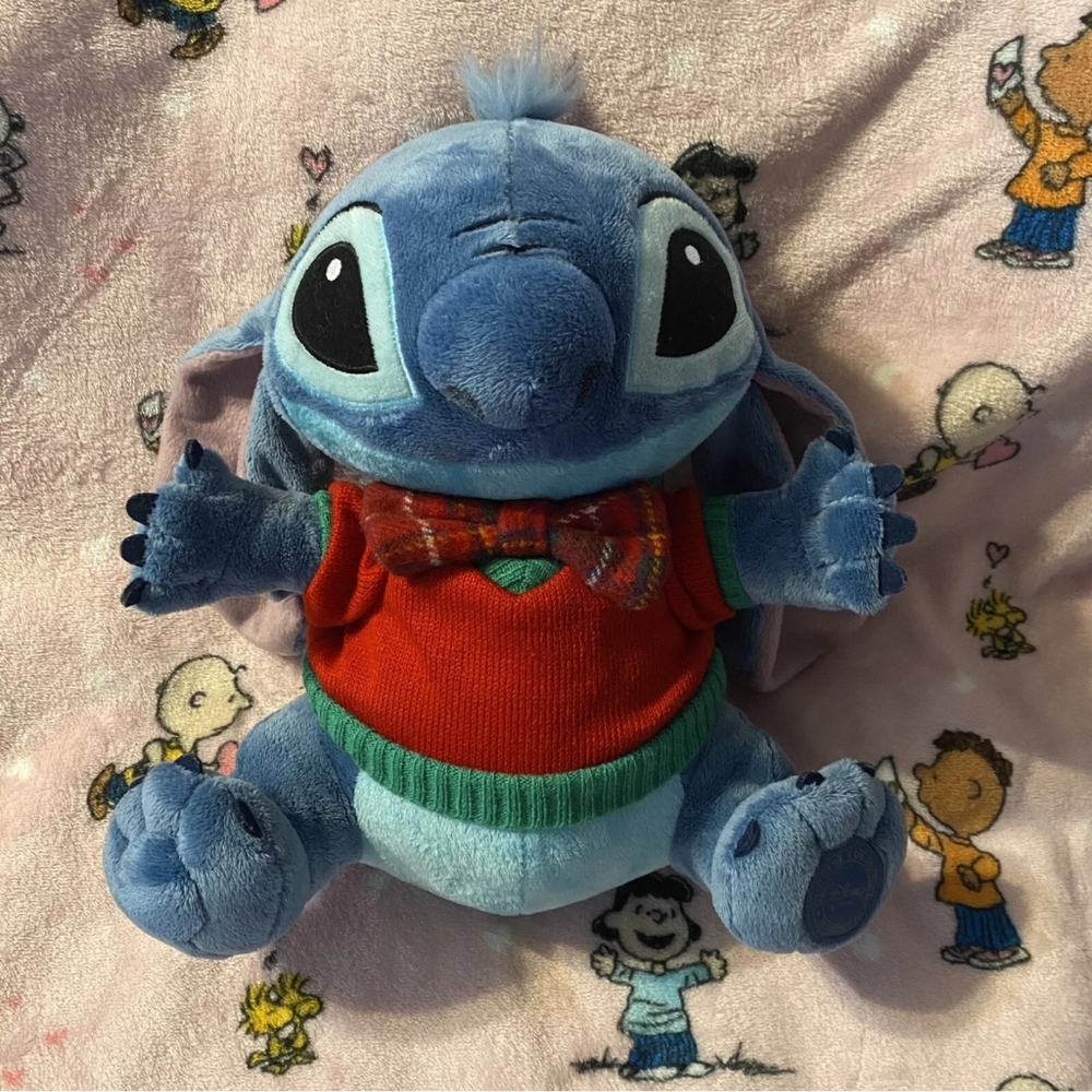Disney Store Stitch Plaid Bow Tie Red Sweater Stuffed Animal Plush Holiday